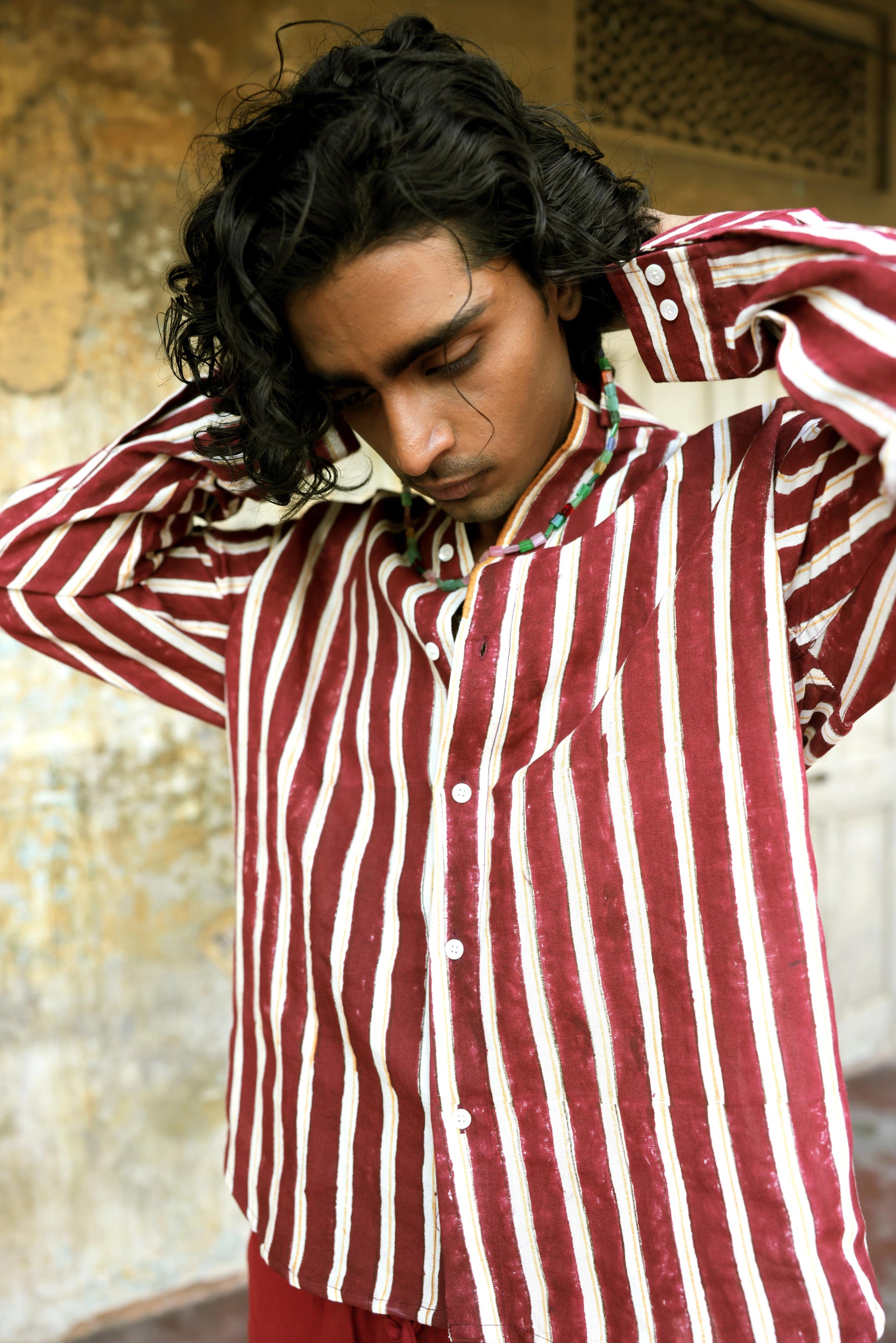 Maroon Hand-Blocked Stripe Linen Shirt
