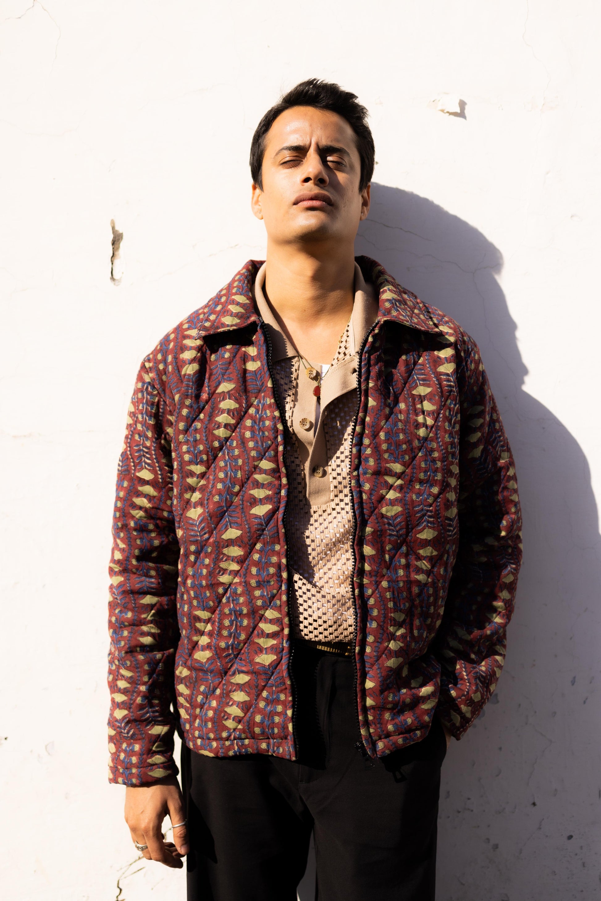 Maroon Sanganer Hand-Blocked Quilt Jacket