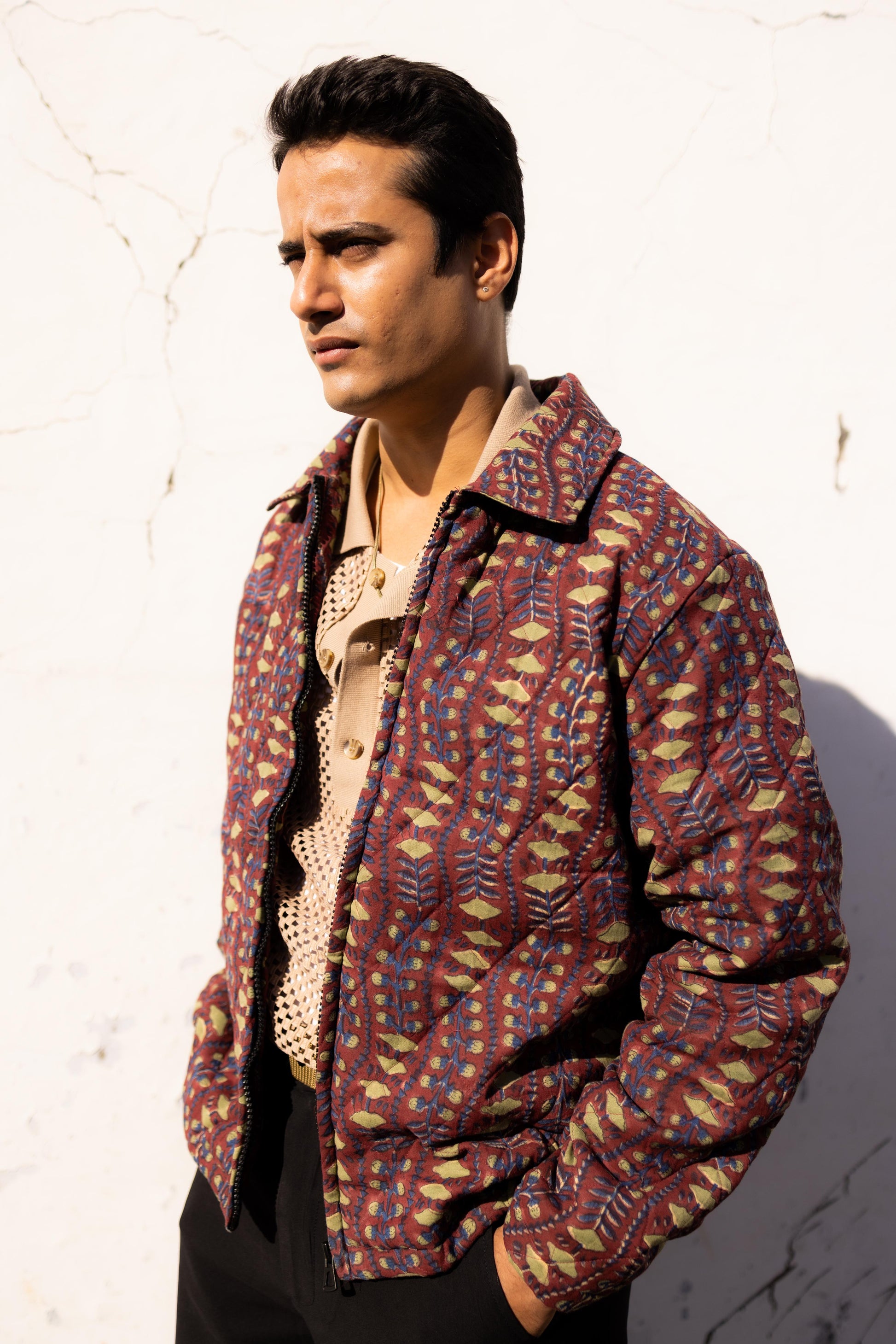 Maroon Sanganer Hand-Blocked Quilt Jacket