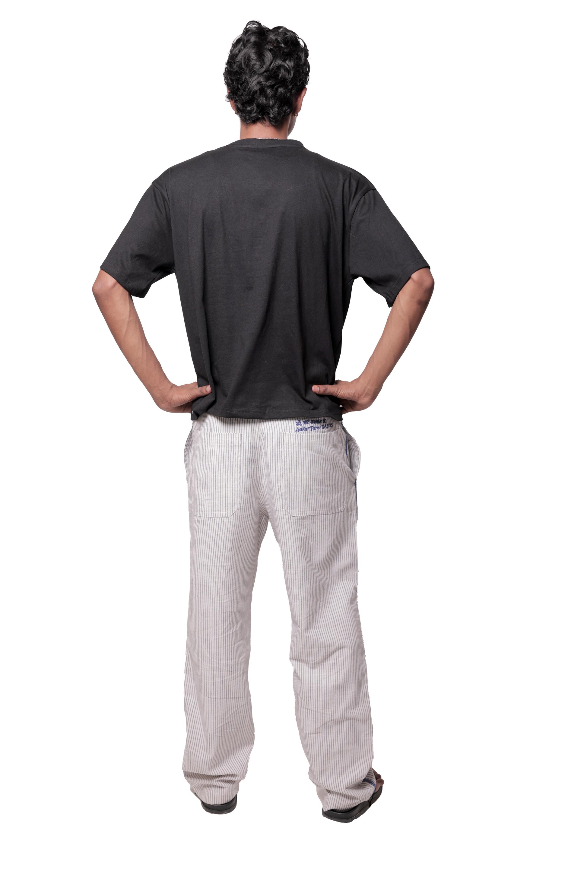 White &amp; Blue Striped Embroidered Summer Pants