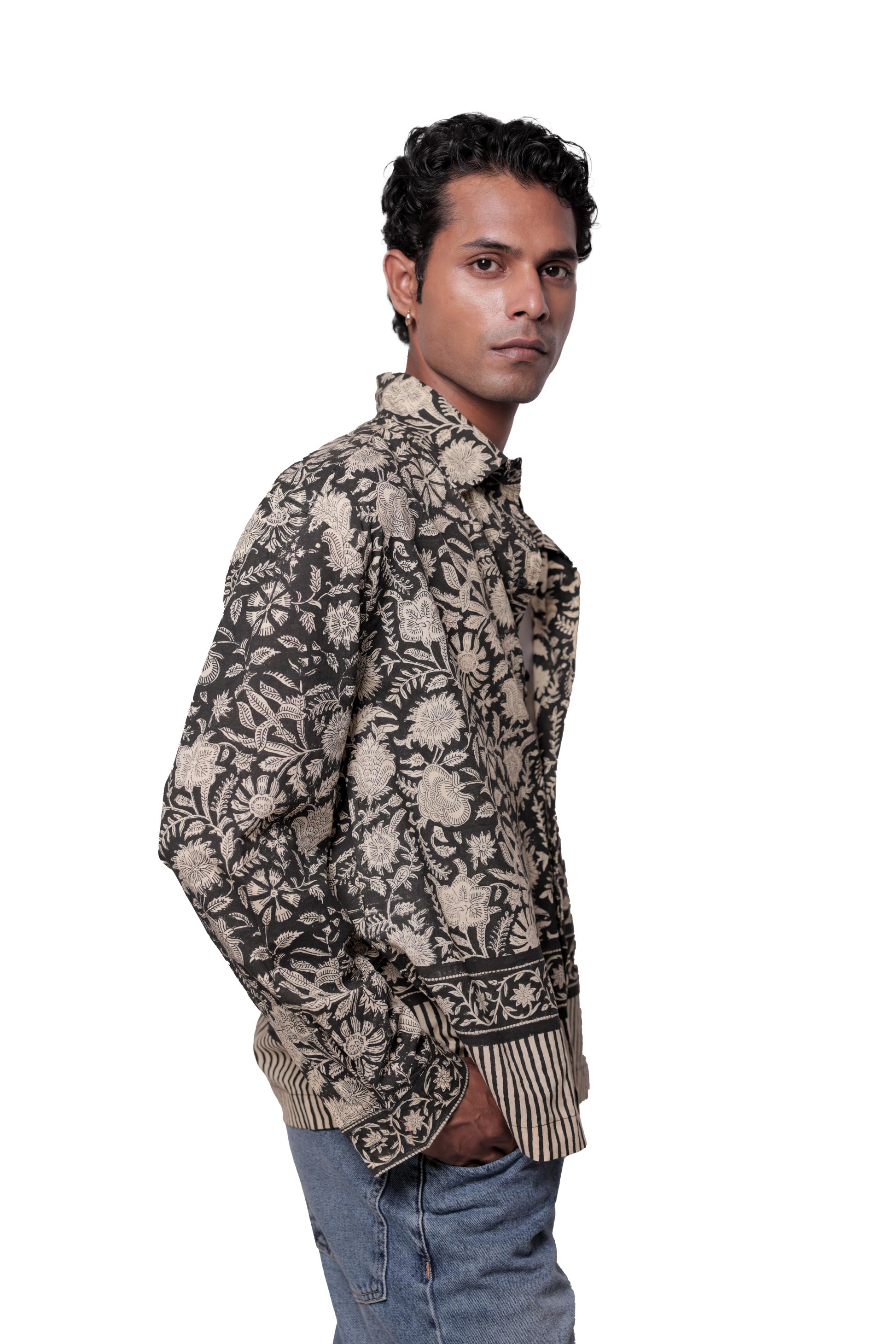 Black Sanganer Hand-Blocked Shirt