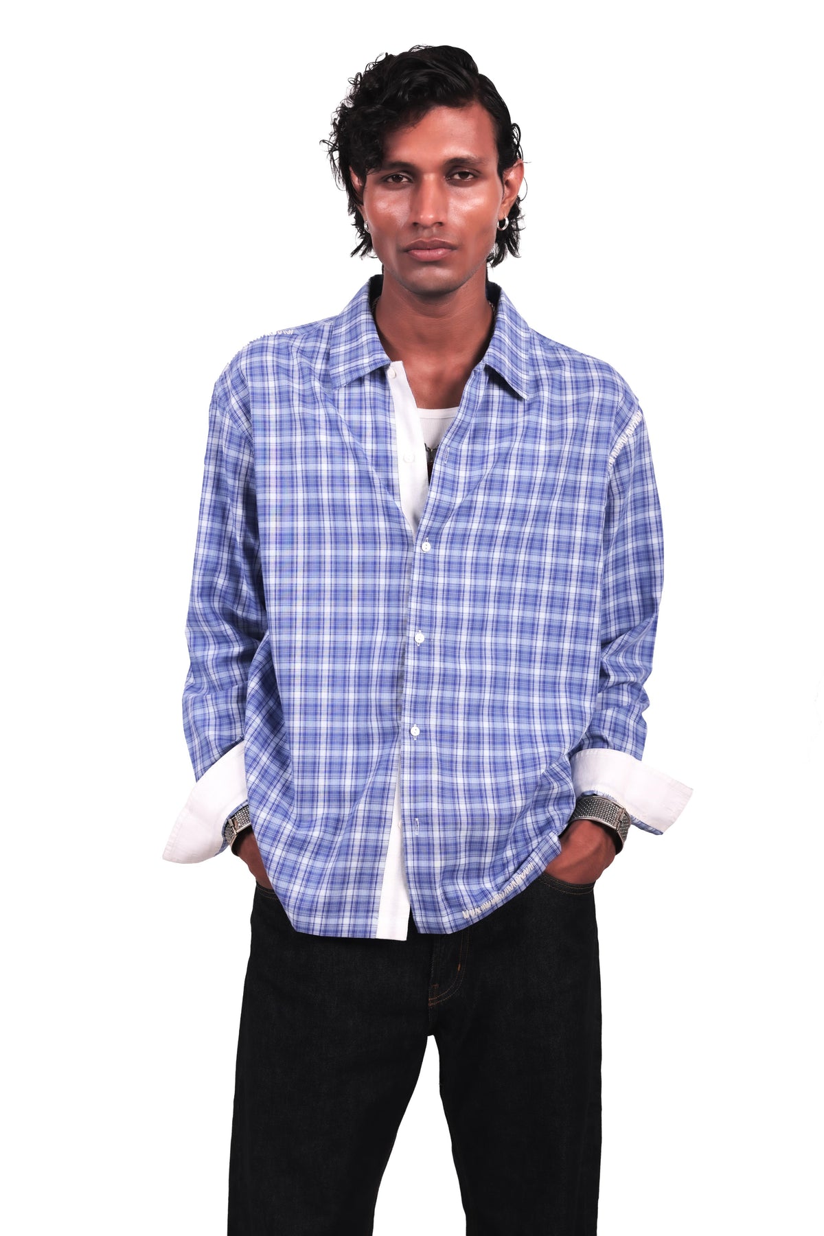 Blue and White Hand Embroidered Checks Shirt