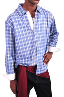 Blue and White Hand Embroidered Checks Shirt
