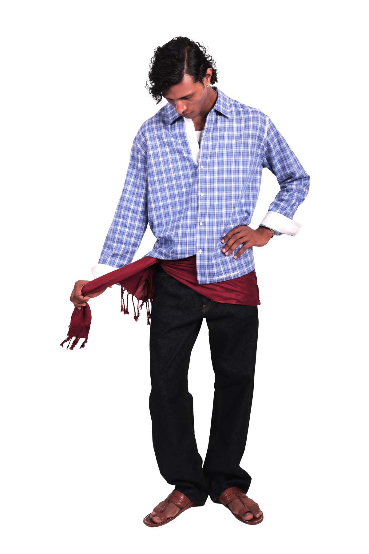 Blue and White Hand Embroidered Checks Shirt