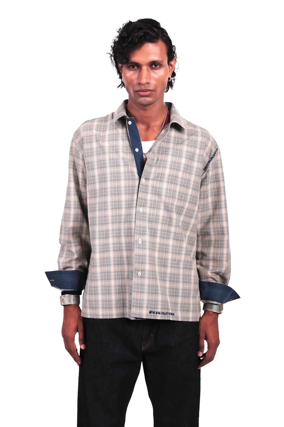 Beige and Teal handembroidered Checks Shirt