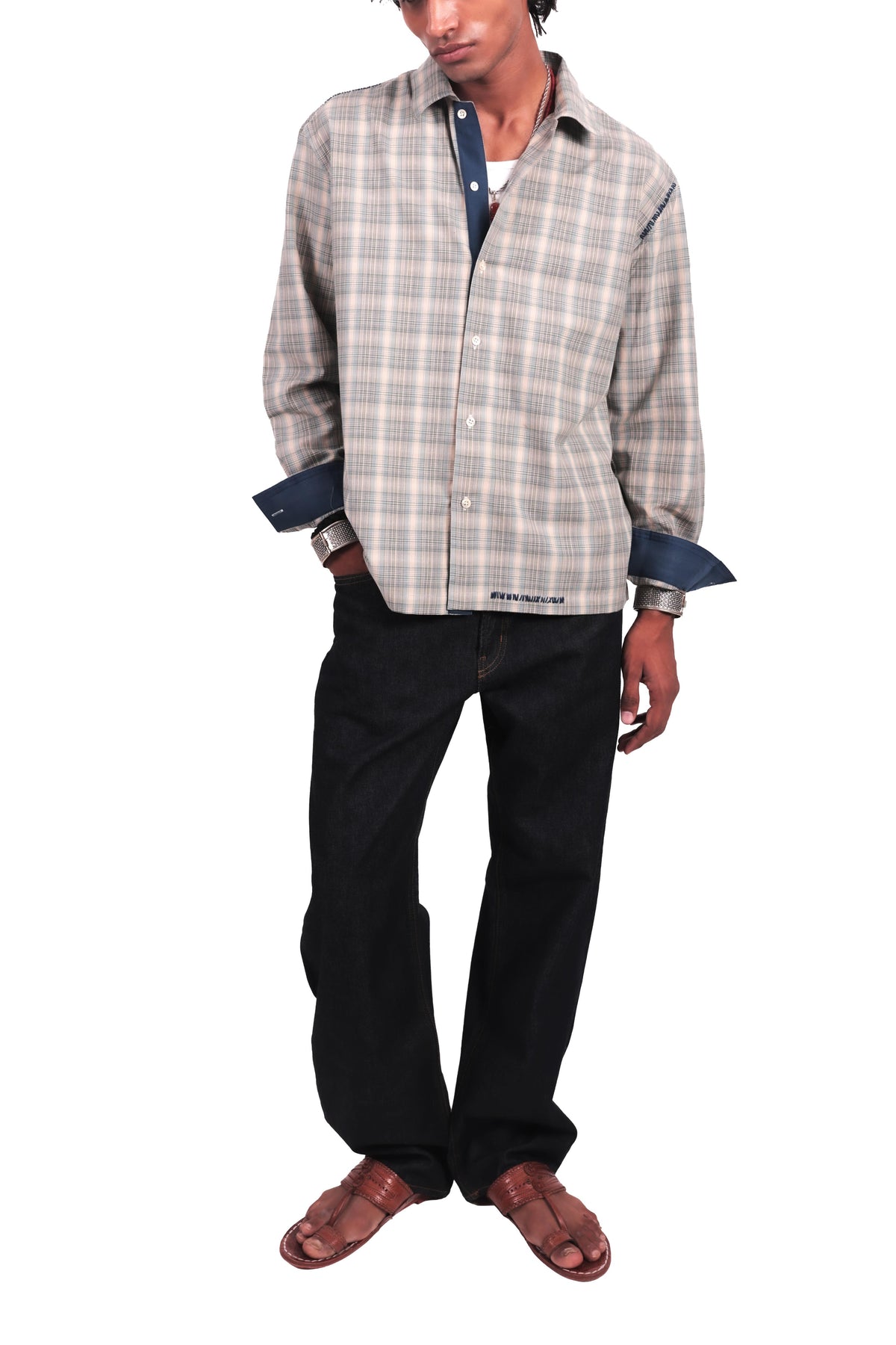 Beige and Teal handembroidered Checks Shirt