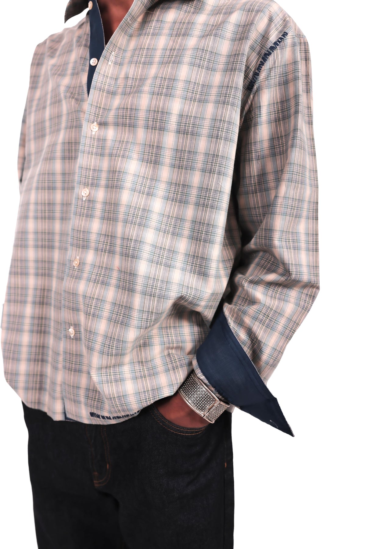 Beige and Teal handembroidered Checks Shirt