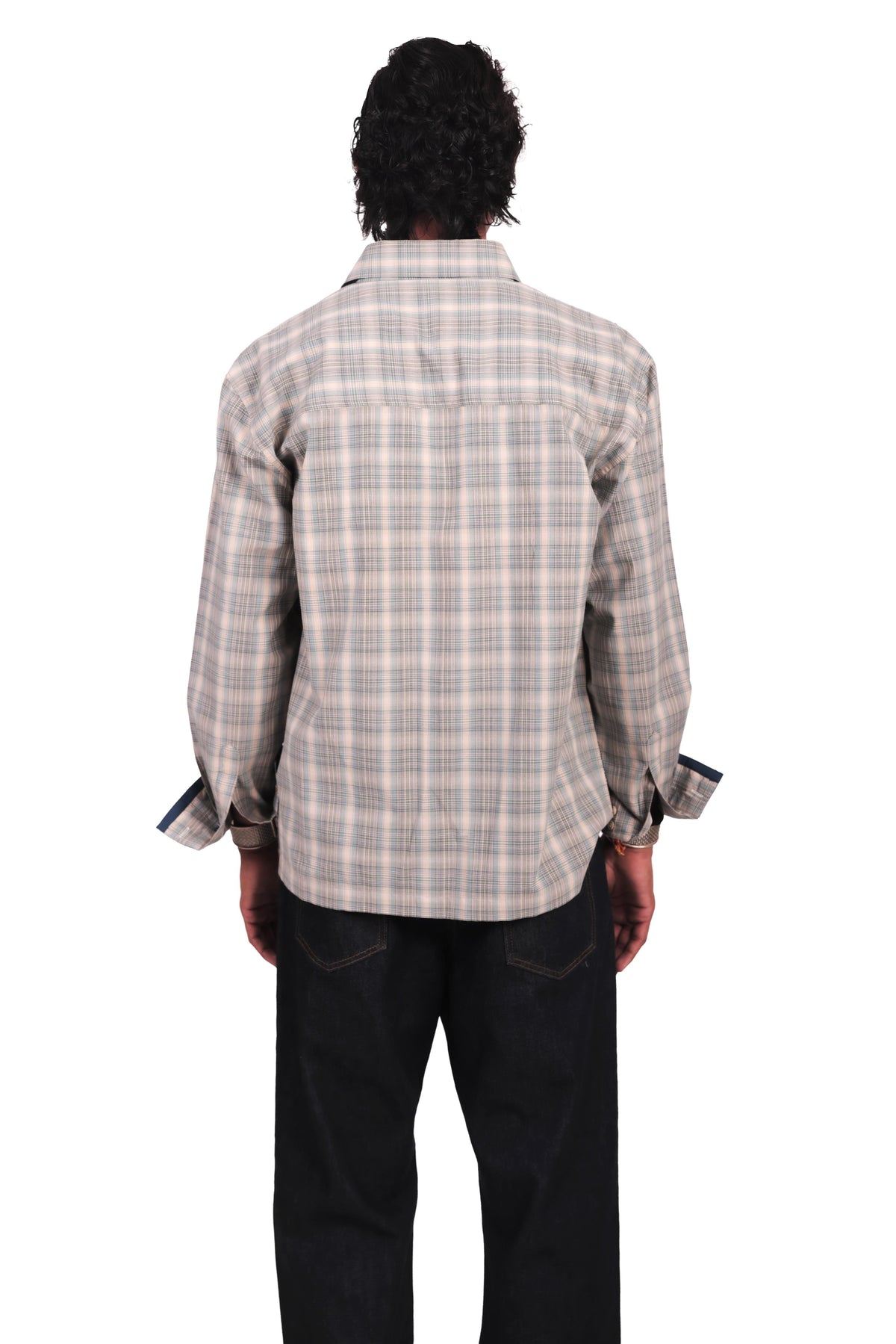 Beige and Teal handembroidered Checks Shirt