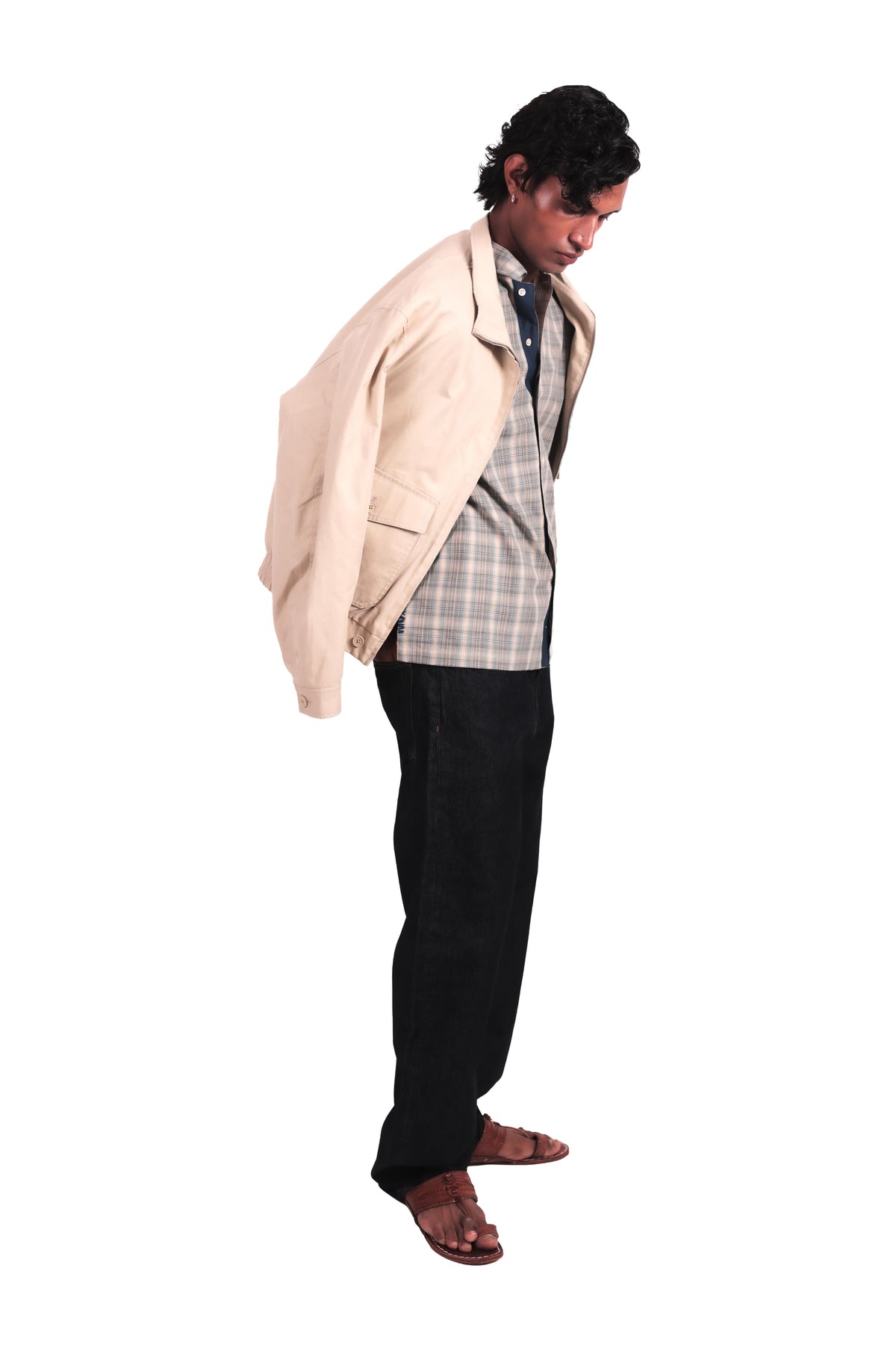 Beige and Teal handembroidered Checks Shirt