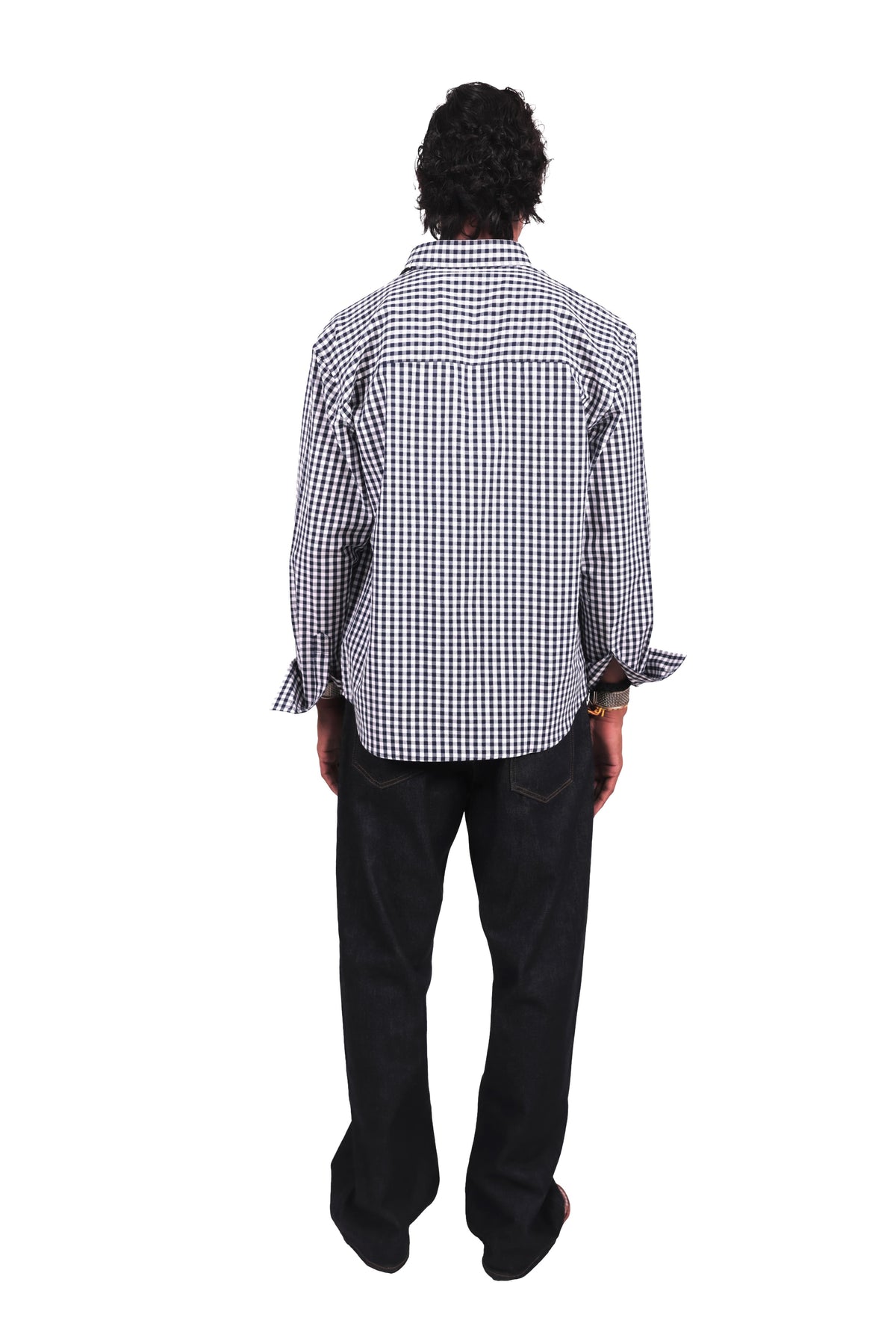 Navy and White Checks Boota Embroidered Shirt