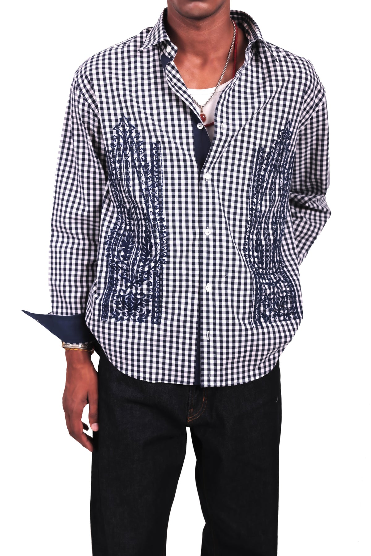 Navy and White Checks Boota Embroidered Shirt