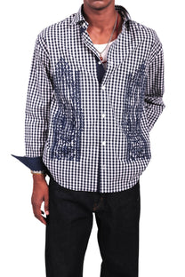 Navy and White Checks Boota Embroidered Shirt