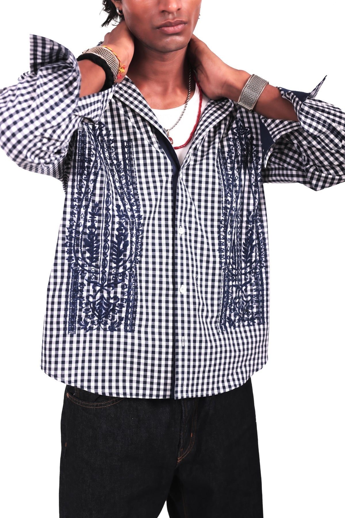 Navy and White Checks Boota Embroidered Shirt