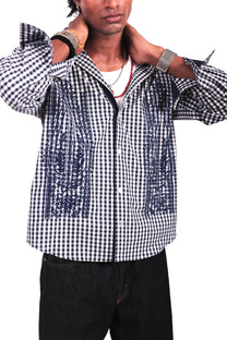 Navy and White Checks Boota Embroidered Shirt