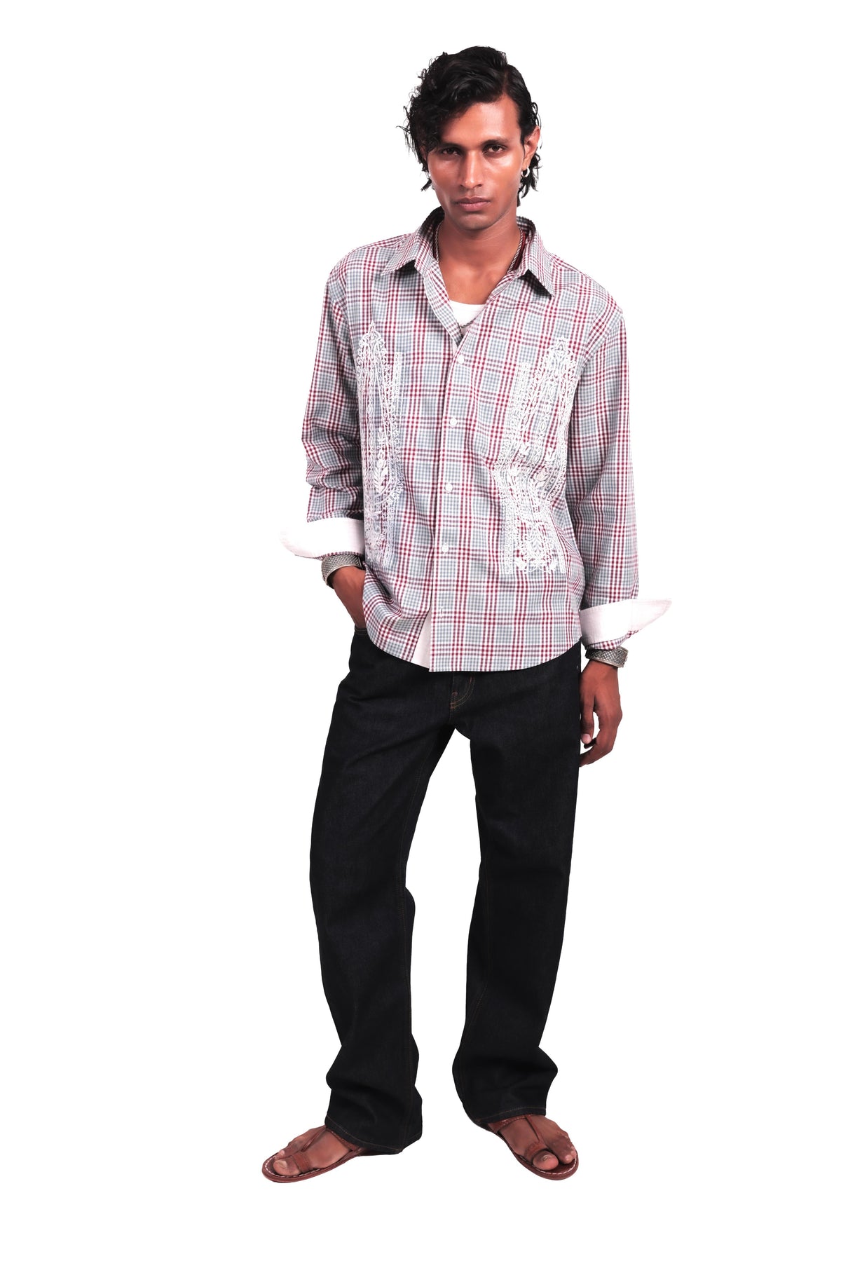 Sage Checks Boota Embroidered Shirt
