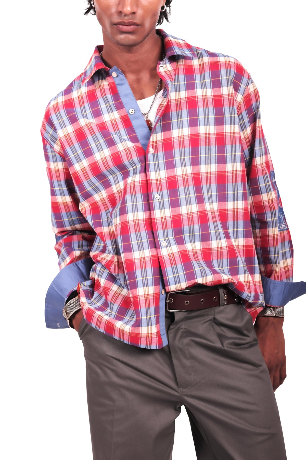Red and Blue Chowk Embroidered Check Shirt