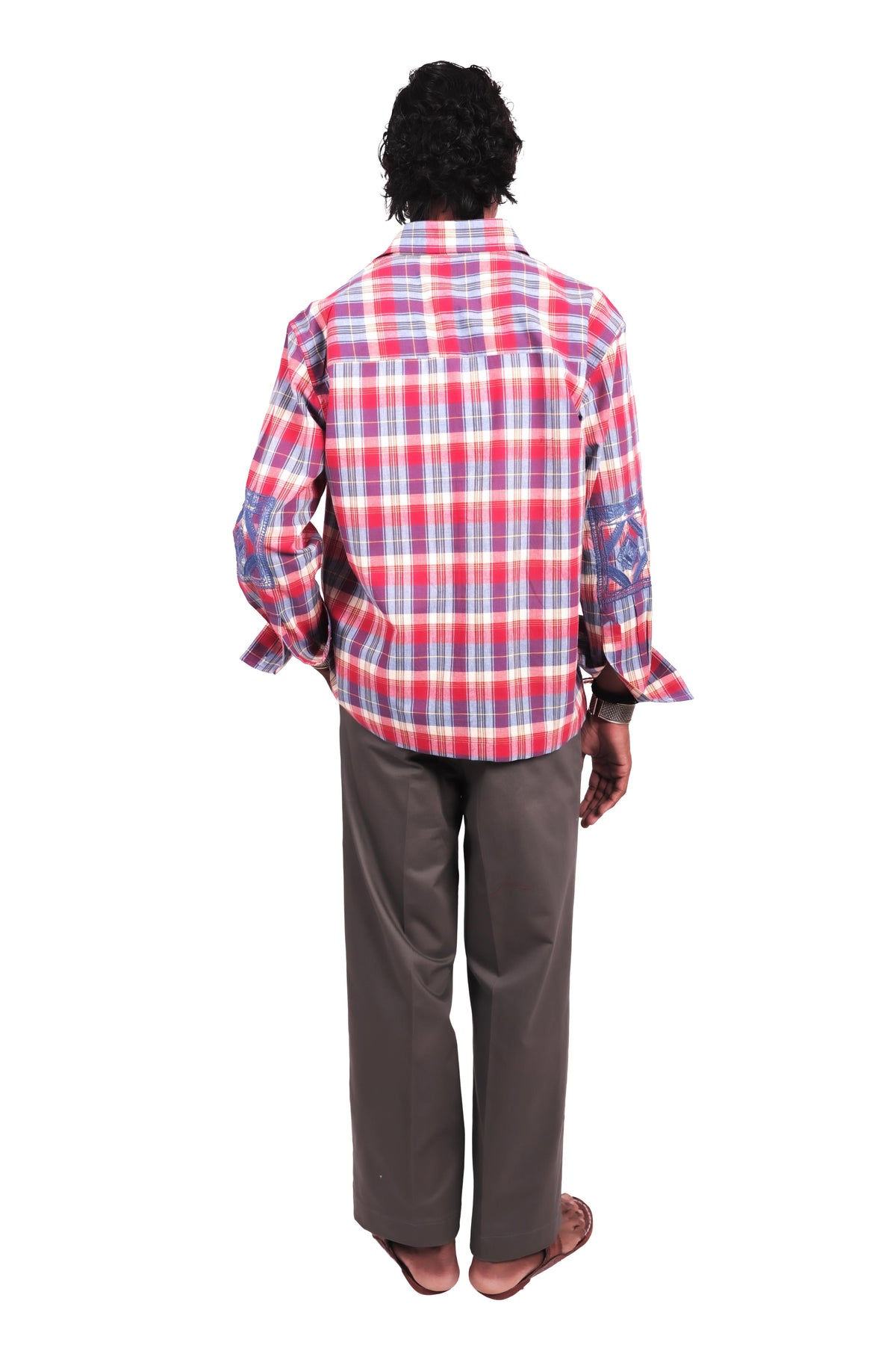 Red and Blue Chowk Embroidered Check Shirt