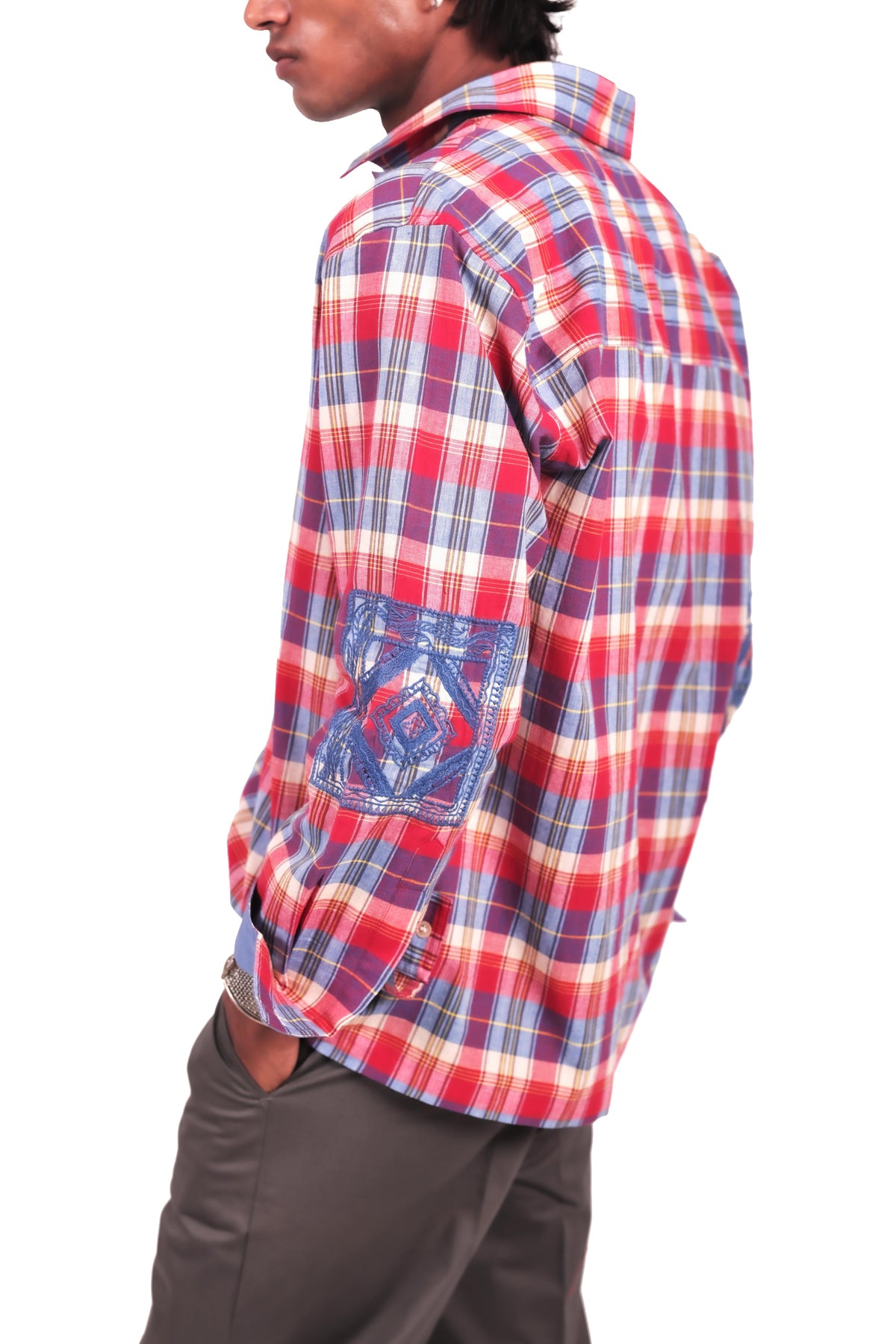 Red and Blue Chowk Embroidered Check Shirt