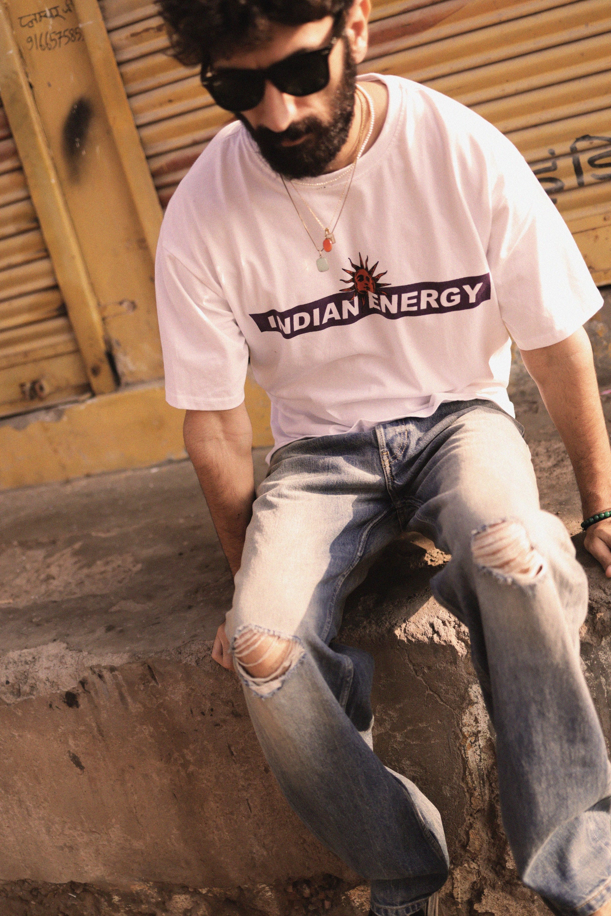 "INDIAN ENERGY" White Half Sleeve Teeshirt