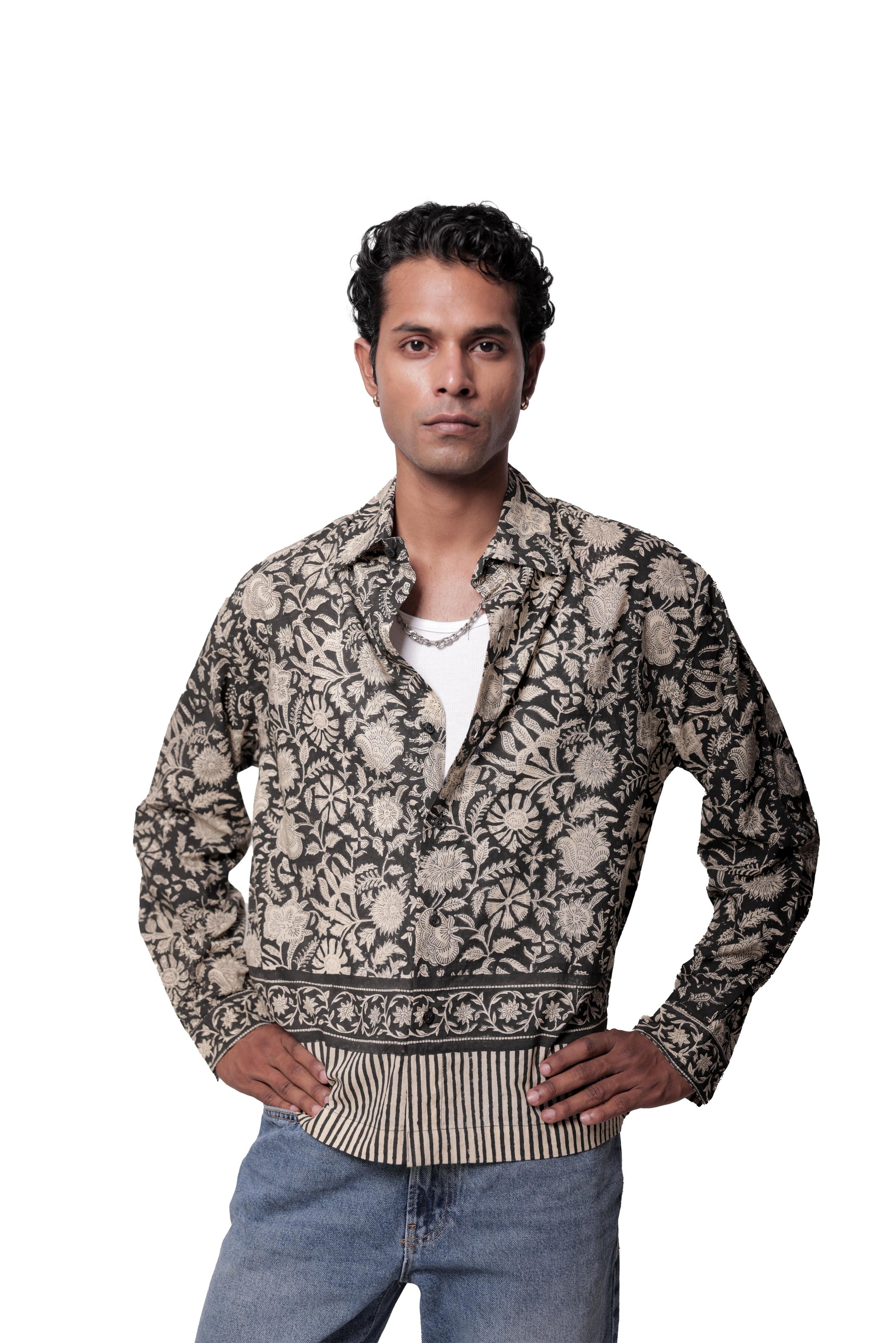 Black Sanganer Hand-Blocked Shirt
